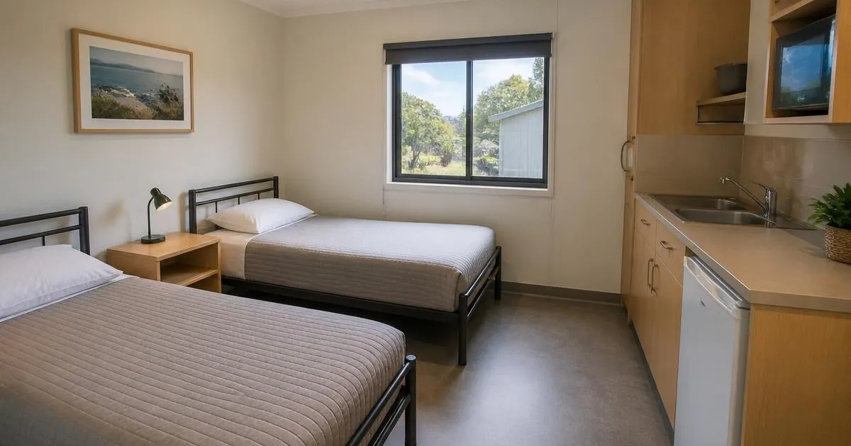 A tidy worker apartment with two beds and a kitchenette – Primework Group article graphic
