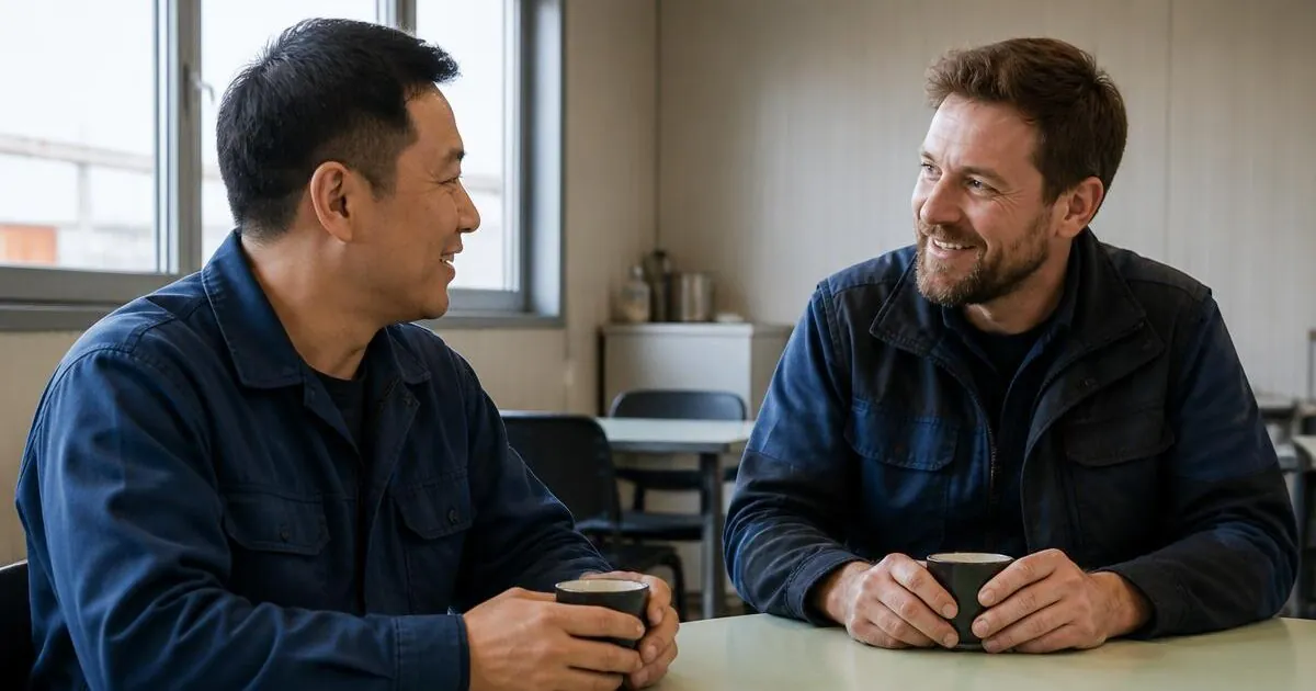 A worker from Asia and a colleague talking in the break room – Primework Group article graphic